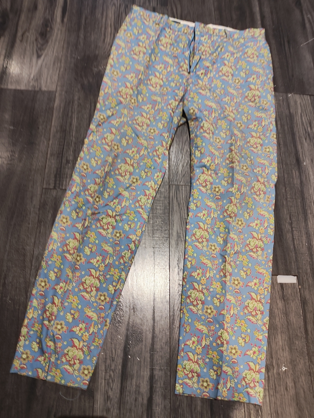 Floral Print Straight-Leg Pants in Blue and Yellow